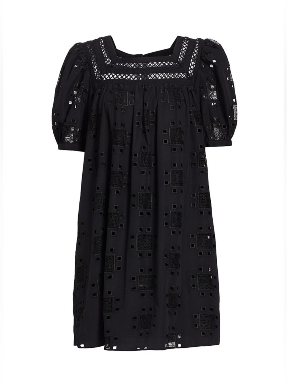 English Factory Black Geometric Eyelet Puff Sleeve Mini Dress Size M EUC - Picture 3 of 10